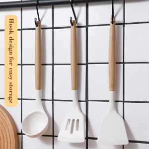White Silicone Wooden Kitchen Utensils Spatula Cooking Tools Set Food Grade Non-Stick