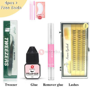 ชุดตัวต่อขนตาเส้นผมมนุษย์10D 60ชิ้นพร้อมกาว3D ขนตาปลอมแบบทำมือแหนบขนตาปลอม