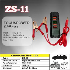 Charger Handphone Dari Arus Aki Casan HP Dari Aki Motor / Mobil Kabel Jack Buaya 50cm ( bisa aki 12v & 24v DC ) 5 PORT USB + LAMPU LED 3W + KABEL CABANG 2 (Micro USB dan N90) | Charger Multifungsi FLECO ZS-11 / Charger HP / Casan Handphone ~ NOS