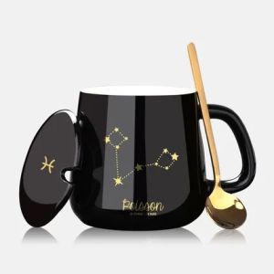 Ceramic Mugs 12 Constellations Creative Mugs With Spoon Lid Black Mug New Bone China Milk Coffee Cup Drinkware Gift Tea Mug2026
