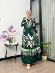 Gamis Twill Terbaru 2025 Motif Green Tea Rempel Tumpuk Tali Samping Cap Malaman