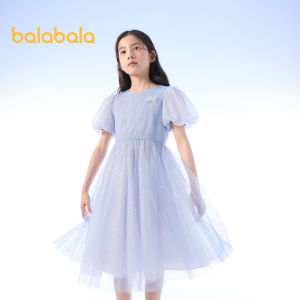 Balabala Girls Childrens Dress 2024 New Summer Dress Medium Childrens Gauze Sweet Bubble Sleeves