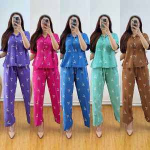 COD Oneset Rayon Motif Pita Kancing / Setelan Wanita Celana Panjang Lengan Pendek Rayon Adem Nyaman