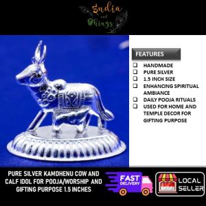 Pure Silver Kamdhenu Cow and Calf Idol for Pooja Worship Home Temple Decor and Gift – 1.5 Inch 10g