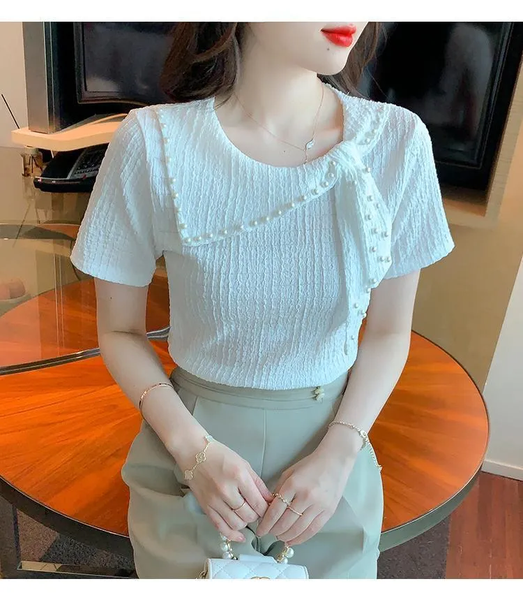 Chiffon Blouse Women Short Sleeve Korean Tops Summer Fashion Slim White Top  New