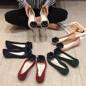 [Free Shipping] WomenS Peep-Toe Sandals With Floral Bow Korean Style Jelly Shoes Plastic Non-Slip Flat Low-Heel Soft Sole Single Shoes