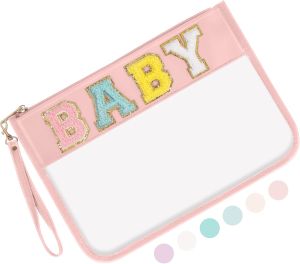 Iqimott Chenille Letter Clear Bag Baby Pouch Monogram PVC & PU Makeup Cosmetic Bag Zipper Toiletry Pouch Portable Travel Beach Snack Wristlet Bags for Women Girls(Baby Pink)