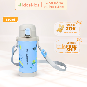 Bình Nước Giữ Nhiệt Có Ống Hút Và Vòi Uống Marcus & Marcus - Dung Tích 350ml Họa Tiết Xanh Dương