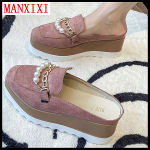 MANXIXI Fashion Women High Heels Wedge Slippers 2.75 Inches Beautiful Pearls Mules Sandals (Size 35-42)