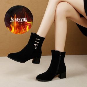 [Free Shipping] 2026 Autumn And Winter New Collection: WomenS Fleece-Lined Ankle Boots With Chunky High Heels Featuring A Slimming Effect And A Fashionable Design