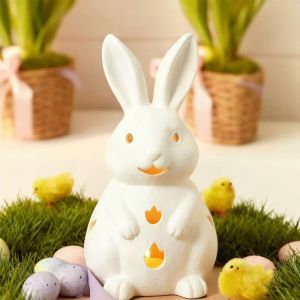 MACRAMEX Hollow-out Easter Bunny Candle Holder with Candle Lamp Resin Bunny Figurine Funny Rabbit Candlestick Home Decoration