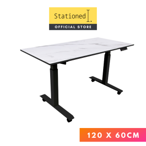 Stationed Electric Standing Desk | Ivory Marble Compactioned Top | 60-125CM Height Adjustable | Cable Management Tray and Castor Wheels Included