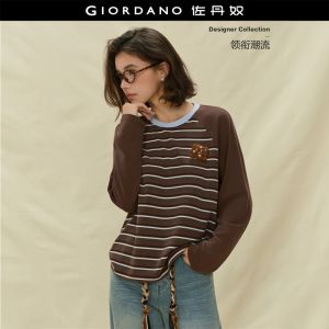 Giordano Women Felt biscuit brooch long sleeve stripe t-shirt Free Shipping 18325627