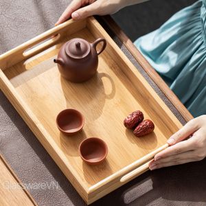 Khay Trà hình Chữ Nhật Gỗ Tre có Tay Cầm kích thước 38 x 25 x 4cm