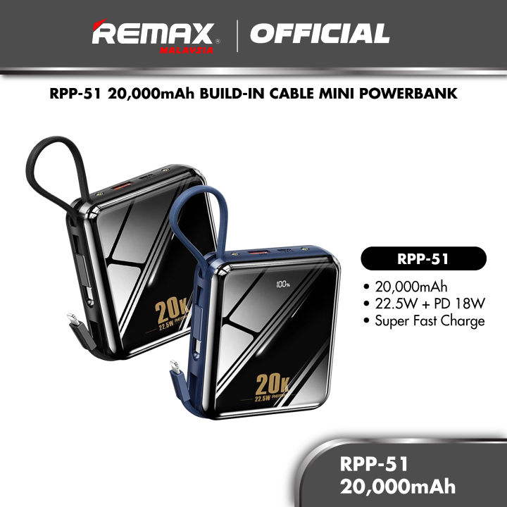 Remax RPP-51 20000mAh Build-in Cable Mini Powerbank QC 22.5W+PD 18W ...