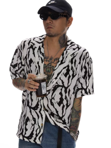 HUILISHI Cuban collar black and white tiger pattern Hawaiian flower shirt mens casual Loose short sleeve shirt