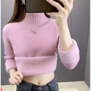 Womens Autumn and Winter New Thickened  Fleece Half High Collar Underlay Sweater 加绒毛衣女秋冬新款加厚一体绒半高领内搭打底衫