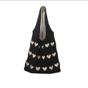 SKISOPGO Knitting Wool Bag Knitted Shoulder Bag Woolen Love Crochet Casual Bag Woman Tote Bag Shopping Bag