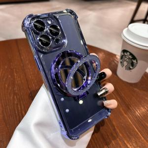 Luxury Airbag Glitter Plating Magsafe Phone Case for Iphone 15 Pro Max 11 12 13 Makeup Mirror Bracket Case 14 Pro Max Casing Transparent Shockproof Back Cover