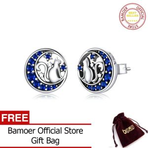 BAMOER Genuine 925 Sterling Silver Cat on the Moon Round Stud Earrings for Women Ear Pins Fine Jewelry New SCE880