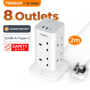 TESSAN SG - SG Safety Mark 8 or 12 Outlets Extension Cord Tower with USB Type C Surge Protector Multi Tower Socket Power Strip