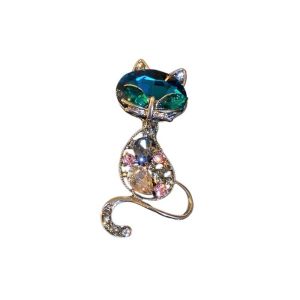 OEUVR Colorful Rhinestone Blue Crystal Cat Brooches Crystal Corsage Daily Animal Pins Fashion Vintage Banquet Clothes Metal Pin For Women Girls