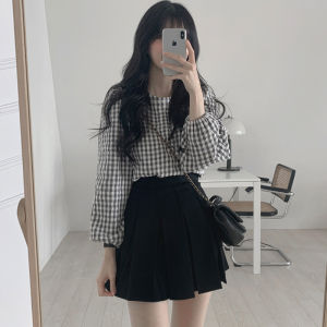 Korean Style Loose Round Neck Plaid Blouse Spring Autumn Hong Kong Style Retro Plaid Top Design Shirt Womens Long Sleeve