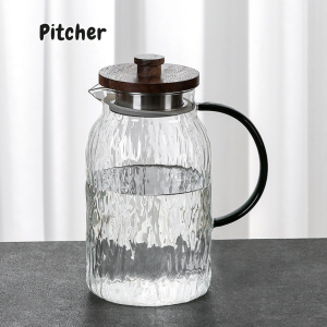 Crystal House High Quality Transparent Textured Borosilicate Glass Pitcher Cup with Wooden Lid Heat Resistant Glassware