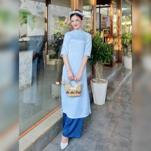 Áo dài cách tân nữ tết dáng suông tiểu thư màu xanh may sẵn lụa tây thi cao cấp