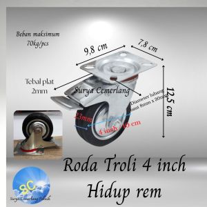Roda troli troly karet hidup+rem4inch Caster kastor 4 inch etalase