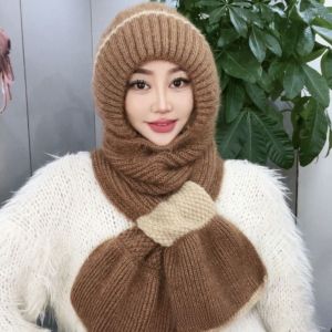 K10SEQ Thiết kế ghép mảnh Bộ mũ và khăn len Chống gió Lót lông cừu Khăn giữ ấm cổ Balaclava Thực tế Tất cả trong một Mũ khăn trùm đầu Dành cho phụ nữ