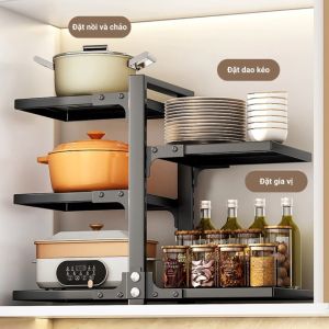 Kệ Góc Bếp Chữ L 4+3 Khay Thép Carbon Dày Kệ Để Xoong Nồi Chịu Lực 50kg Tầng Điều Chỉnh Khay Rời