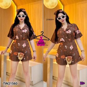 TW21560 Set 3 ชิ้น เสื้อเชิ้ตสกรีนลาย + สายผูกโบว์ + กางเกงขาสั้น