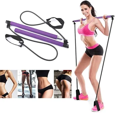 Yoga Pilates Bar Portable Bodybuilding Yoga Pilates Stick Exercise Resistance Band Stick Muscle Toning Bar Home Fitness Gym Stretch Sit-Up with Foot Loop for Total Body Workout