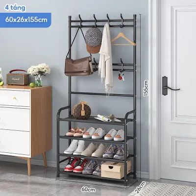 Kệ giày chữ L 4 tầng có giá treo đồ Thông minh đa năng - Kệ giày dép kiêm giá treo quần áo