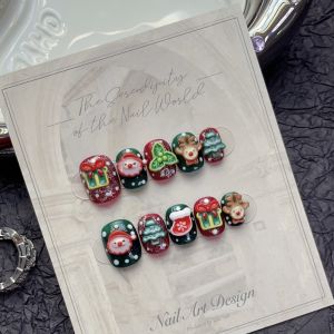 [HANDMADE]Artificial Nail Merry Christmas Short Armored Snowman Deer Phototpy Nails Reusable and Removable Nails