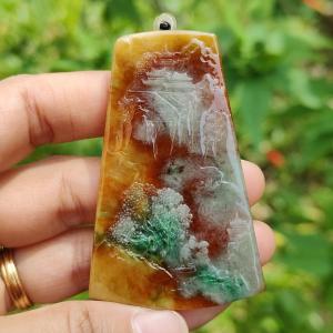 Very Rare Green Red and Yellow Natural Type A Jadeite Jade Pendant Necklace with Sceneries certificate included weigh 29.84 grams measurement 61.6 * 39.7 * 5.8 mm (pendant183)