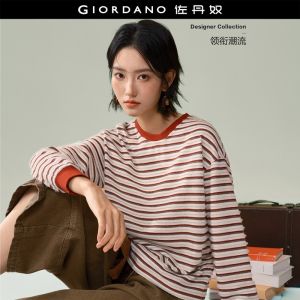 Giordano Women Contrast trim striped long sleeve knit tee Free Shipping 18326832