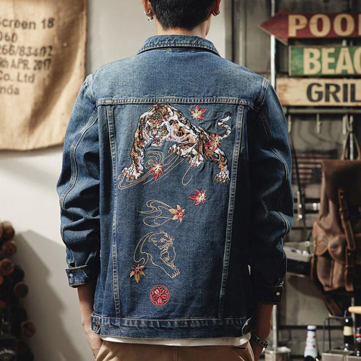 Embroidered jean jacket mens best sale