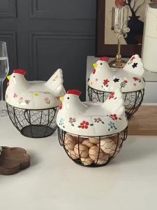 Sacesr Chicken Egg Holder Fresh Egg Storage Basket CountertopDecorative Ceramic Lid with Wire BasketHolds 2 Dozen Egg 9Q4T2