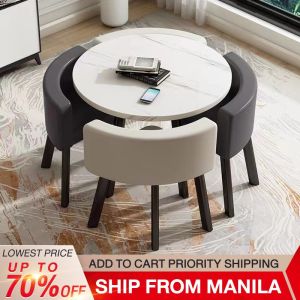 SAINTVILLA 80CM Round Reception Desk with 4 Stools Office Leisure & Family Dining Square Table Multi-Purpose Home Office Furniture Set