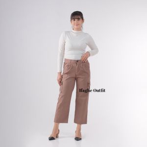 IF Celana Panjang Wanita Jogger Cargo Katun Twill Combed Variasi Saku Kimpul - Model Terbaru Hitam Ivory Abu Krem moca Latte Premium