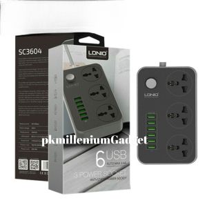 ORIGINAL LDNIO SC3604 POWER STRIP WITH 3 AC SOCKETS + 6 USB PORTS - BLACK / MY PLUG 2500W