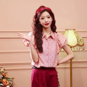 AMMIN Hong Kong Style Retro Pink Polka Dot Print Short Sleeve Commuter Shirt for Women 2025 Summer New Korean Style Single-Breasted Turn-Down Collar Ruffle Sleeve Elegant Blouse
