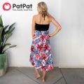 PatPat Family Matching Black Cotton Tee Beach Short-sleeve Shirt and Flora Print Splicing Halter Strap Midi Dress Sets. 