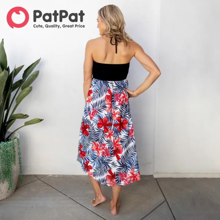 PatPat%20Family%20Matching%20Black%20Cotton%20Tee%20Beach%20Short-sleeve%20Shirt%20and%20Flora%20Print%20Splicing%20Halter%20Strap%20Midi%20Dress%20Sets%20-%20Image%204