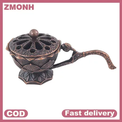 ZMONH กระถางธูปโลหะทรงดอกบัวพร้อมที่จับเครื่องหอมสำหรับฝึกสมาธิโยคะของตกแต่งบ้านธูปอัลลอยสไตล์โบราณ