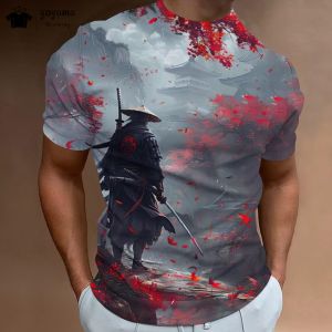 Vintage 3D Samurai Pattern T-Shirt Men Summer Outdoor Men Top Fashion Breathable Men Short Sleeve Tee Round Neck Mens Clothing
