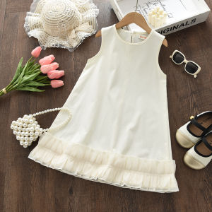 Bear Leader Summer Sleeveless Girls Clothes Korean Version Lace Cute Party Wedding Dresses Solid Color Plain 3 To 7 Years Kids Fashion Wear