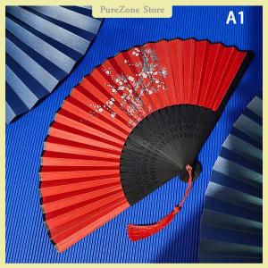 [PureZone] Vintage Chinese Style Folding Fan bamboo hand fan Wooden Shank Classical Dance Fan with Tassel Elegent Female Fan Home Decor
